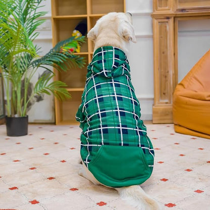 EXPAWLORER Plaid Dog Hoodie - British Style Warm Dog Sweater Shirt with Leash Hole,Pitbull Clothes Outfits,Winter Coat Apparel for All Breeds Puppy Girl Boy-Cat Apparel,Green Large