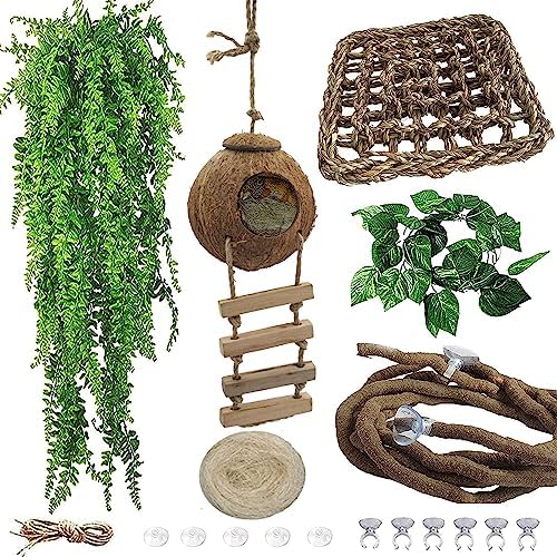 5PCS Coconut Hut for Gecko, Lizard Coco Den with Ladder and Reptile Hammock Bearded Dragon Tank Accessories Climbing Hanging Plants Jungle Vine Flexible Reptile Leaves Decor