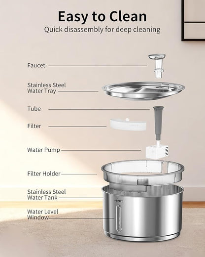 NPET Stainless Steel Cat Water Fountain, 1 Gallon/135oz Automatic Pet Drinking Fountain Dog Water Dispenser Bowl with Water Level Window for Cats Indoor - WF210Plus