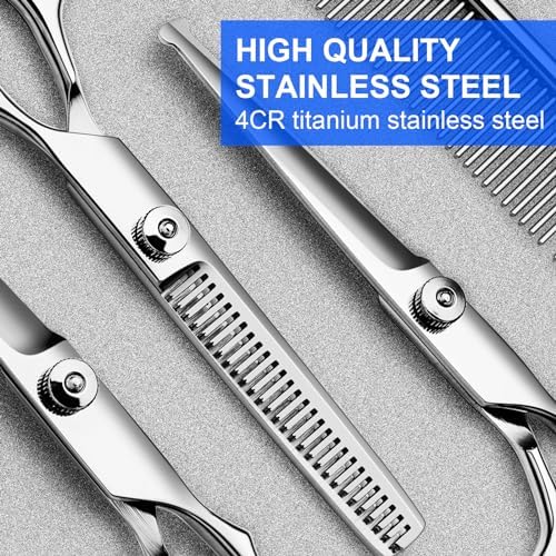 TINMARDA Dog Grooming Kit, Professional Stainless Steel Dog Grooming Scissors with Curved Shears, Blue Finger Rings - 5 Piece Sharp Durable Pet Shears for Dogs Cats At Home Salon-Quality Grooming