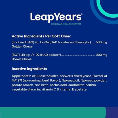 Leap Years Soft Chew Dog Supplement – Supports Healthy Aging, Cognition & Vitality; Veterinarian-Formulated for Brain, Heart & Muscle Health; Powerful NAD Booster & Senolytic Formula, XL Breed