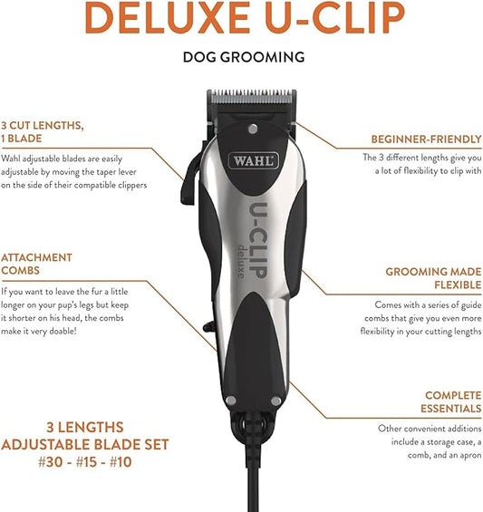 Wahl Pro Animal Deluxe U-Clip - Dog & Cat Trimmer with 3 Cutting Lengths & 7 Attachment Combs - Premium Grooming Tools for Light & Medium Coats - Black & Chrome