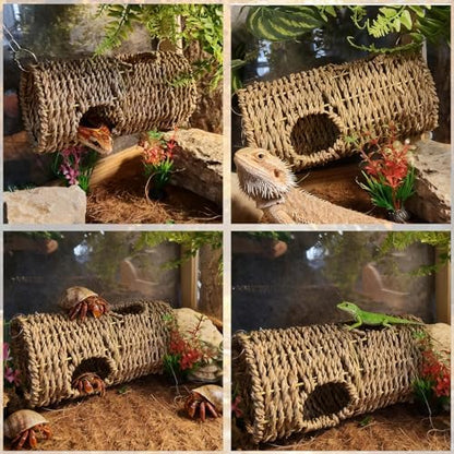 Hanging Reptile Hide Cave,Natural Seagrass Fiber Bearded Dragon Hammock Hideout,Reptile Shelter Sleeping Cave Swing Climbing Toys Terrarium Decor for Lizard Gecko Snake Hermit Crabs(Round)