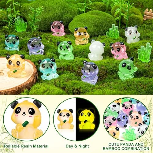 18PCS Luminous Mini Resin Panda Figurines with 2 Bamboos for Dollhouse