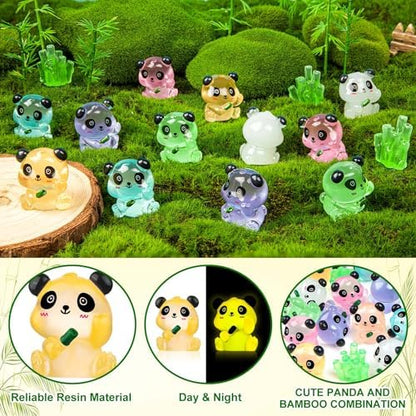 18PCS Luminous Mini Resin Panda Figurines with 2 Bamboos for Dollhouse