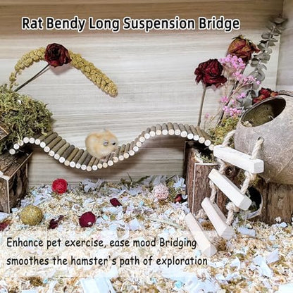 Rat Bendy Long Suspension Bridges 15.7 x 3.9 Inch Gerbil Wooden Ramp Hamster Cage Climbing Ladder Natural Wood Chews Toys for Rodents Mouse Dwarf Hamster