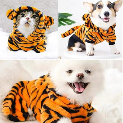 Dog Tiger Halloween Costume Cat Hoodies with Bunny Ears and Tail Puppy Warms Hooded Coat Pet Winter Clothes for Small Medium Dogs Kitten Kitty (Orange, Medium)
