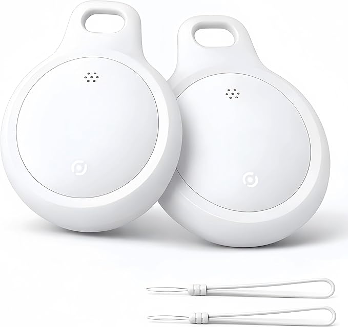 Bluetooth Tracker Works with Apple Find My & Android Find Hub – Key Finder for Keys & Pet Collar, No Monthly Fee, Loud Alarm, Replaceable Battery(2 Pack, White)