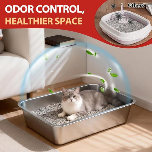 Stainless Steel Cat Litter Box, (17.7" x 13.7" x 4") Metal Litter Box for Kitty and Rabbits, No Odor Left & Non Stick Surface, Rust & Stain Resistant, Easy to Clean