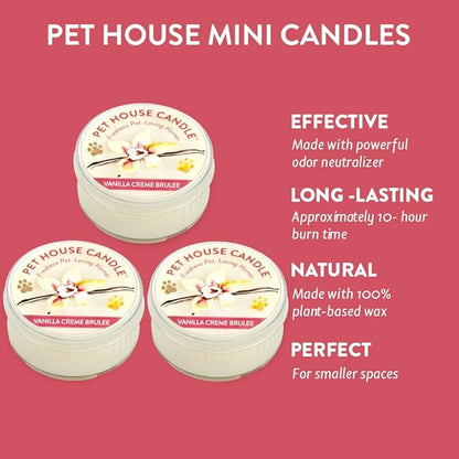 Pet House Mini Candles for Pet Odor Made with Natural Soy Wax, Plant Based, Dog and Cat Friendly Scented Candles, Vanilla Creme Brulee Pack of 3