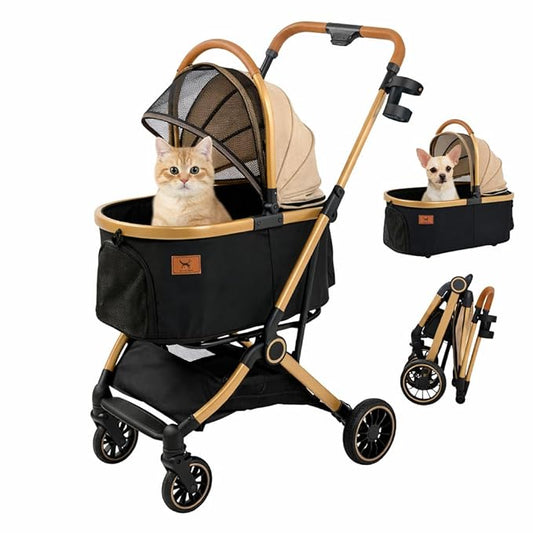 3-in-1 Pet Stroller with Detachable Carrier, Luxury Dog Stroller for Small Dogs & Cats, Lightweight Foldable Cat Stroller with 360° Rotating Wheels, Travel Friendly, Classic Brown