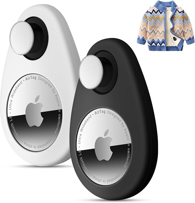 2 Pack Airtag Holder for Kids Hidden,GPS Tracker Case, Anti-Removal Airtag Silicone Case with Pins, Suitable for Children, Elderly, Pets, Backpack, Luggage(White,Black)