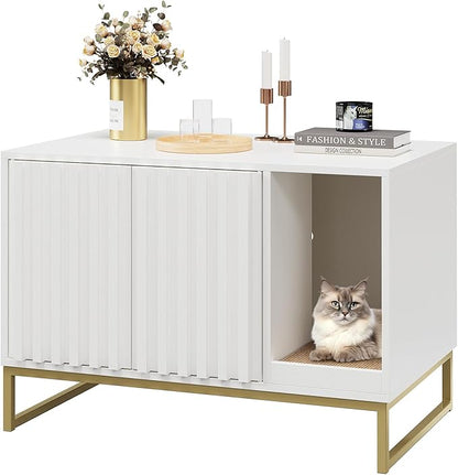 Halitaa Litter Box Enclosure, Modern Cat Litter Box Furniture Hidden Litter Box with Scratch Pad, Cat Washroom House End Table, Entryway Bench for Livingroom (White)