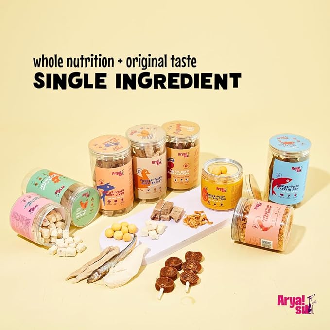Arya Sit! - Freeze-Dried Single Ingredient Treat (Quail Egg Yolk) for Dogs and Cats - High Protein · Rich in Lecithin for Healthy Coat · No Artificial Ingredients · 4 oz/8 oz