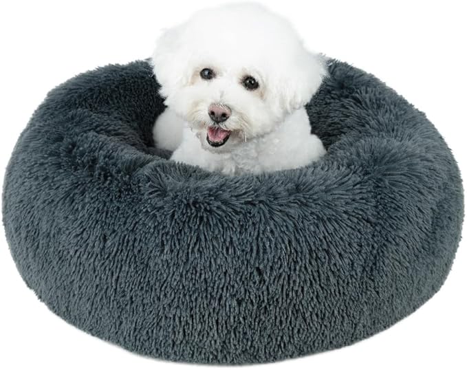 Best Pet Supplies Round Calming Dog Bed for Small, Medium & Large Dogs, Plush Donut Cuddler Pet Bed w/Raised Rim for Head, Neck Support, Anti-Slip Bottom Washable Bed - Gray, 20 x 20 x 6