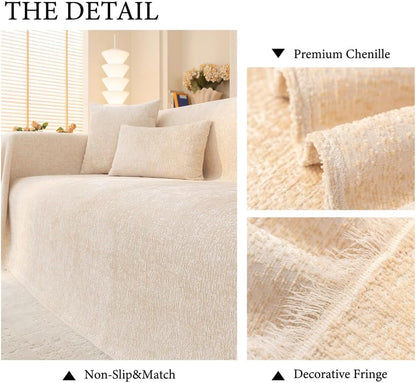 AMWAN Simple Sofa Cover for Living Room Creamy Beige Chenille Couch Cover for Dogs,Cats,Kids 3 Cushion Sofa Slipcover for Sectional Sofa Machine Washable 71"x134"