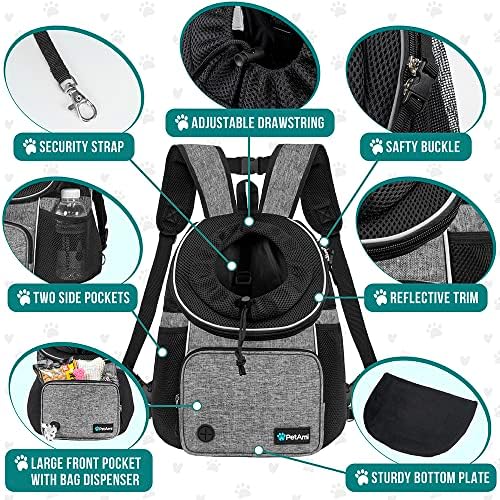 PetAmi Dog Front Carrier Backpack, Adjustable Dog Pet Cat Chest Carrier Backpack, Ventilated Dog Carrier for Hiking Camping Travel, Small Medium Puppy Large Cat Carrying Bag, Max 15 lbs, Gray