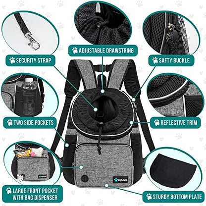 PetAmi Dog Front Carrier Backpack, Adjustable Dog Pet Cat Chest Carrier Backpack, Ventilated Dog Carrier for Hiking Camping Travel, Small Medium Puppy Large Cat Carrying Bag, Max 15 lbs, Gray