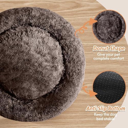 JOLLYVOGUE Calming Dog Beds Large Sized Dog, 36in Donut Washable Large Pet Bed, Anti-Slip & Anti-Anxiety Fluffy Faux Fur Round Dogs Bed, Fits up to 80 lbs Pets （Chocolate）