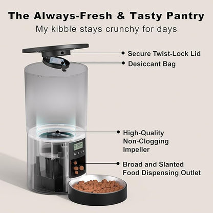 Automatic Cat Feeder 4.2L,6 Meals/Day,Dual Power Portion Control Feeder,Dry Pet Food Auto Dispenser,Timer Setting,10S Voice Record (Transparent Black, Stainless Steel Bowl)