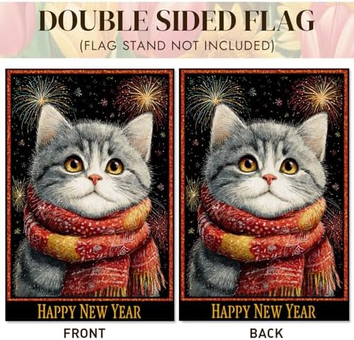 Happy New Year Garden Flag 12x18 Double Sided Vertical Linen Small Fireworks American shorthair Cat House Flag Welcome Holiday Winter House Outdoor Outside Decorations (27172)