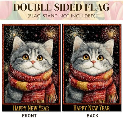 Happy New Year Garden Flag 12x18 Double Sided Vertical Linen Small Fireworks American shorthair Cat House Flag Welcome Holiday Winter House Outdoor Outside Decorations (27172)