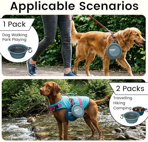 OHMO Large Collapsible Dog Bowls, Steel Rim, 27oz, 2pcs, Dark&Light Blue