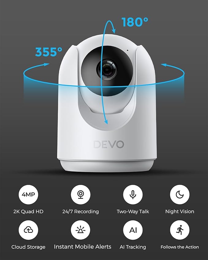 Devo Indoor Security Camera for Home, 2K 360 Pan-Tilt Pet Dog Baby Monitor Camera with Phone App, WiFi Smart Camera Motion Detection, Color Night Vision, 2-Way Audio, 256GB SD White