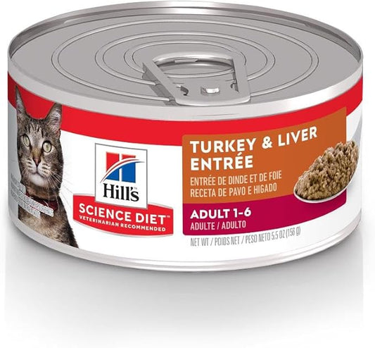 Hill's Science Diet Adult 1-6 Wet Cat Food, Turkey & Liver, 5.5 oz. Cans, 24-Pack