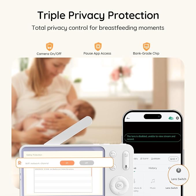 BOIFUN 2K Baby Monitor with 2 Cameras,Smartphone App, Wi-Fi Cameras,5-inch Display, Motion Tracking, Encrypted Connection, Night Vision, Long-Range 2-Way Talk, Temp Sensor
