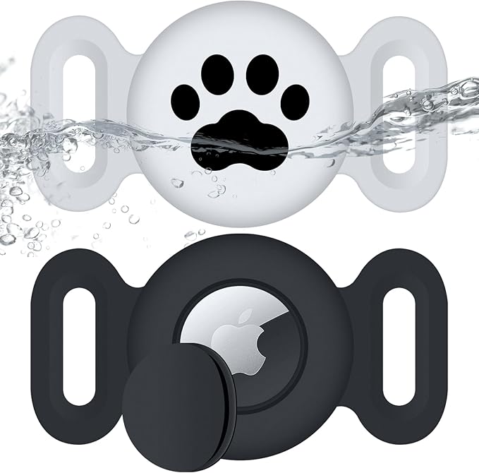 Waterproof Pouch for Airtag (2 Pack), Protective Anti-Lost Case Compatible with Airtag for Pets, Silicone Cat Collar Holder for GPS Tracker (Black/White)