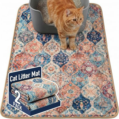 Hompet Cat Litter Mat 2 Pack, 24x36 Large Machine Washable Trapping Mats for Cats, Super Absorbent & Urine-Proof Cat Litter Box Mat for Floor, Waterproof & Non Slip Kitty Litter Rug