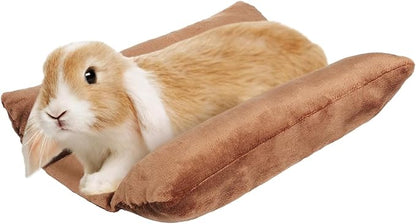 MEWTOGO 15.7" x 14" Bunny Bed for Rabbit Cage - Thickened Soft Prevent Sore Hocks Plush Mat with Cotton Lounger Pillows, Small Animal Flop Mat for Hutch Sleeping Indoor, Brown