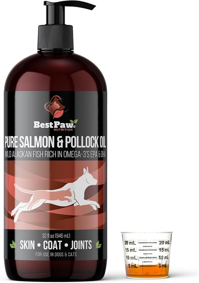 Best Paw Nutrition Wild Alaskan Salmon & Pollock Oil for Dogs & Cats - Fish Oil Liquid Pump with Omega 3 EPA DHA - Skin & Coat Supplement - Supports Joint Function & Wellness - 32 oz