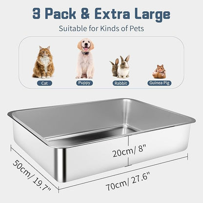 3 Pack Stainless Steel Litter Box, 27.6"x19.7"x8" XXXL Metal High Sided Cat Litter Pan, Extra Large Stainless Steel Box Splash-Proof and Non-Stick Cat Poop Box Odorless