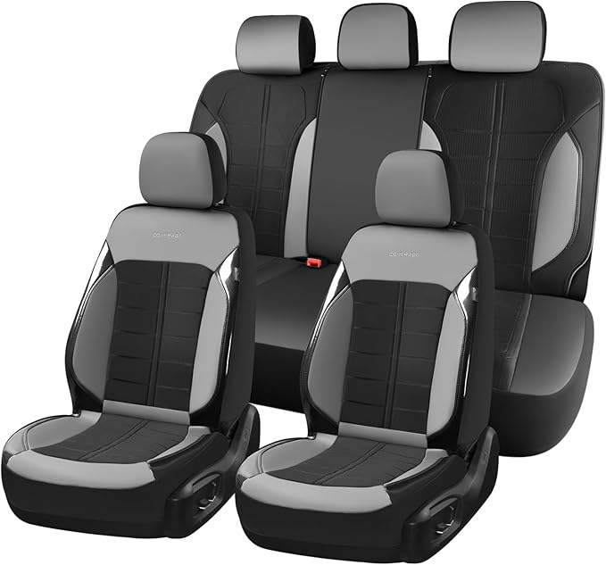 Coverado 3D Air Mesh Car Seat Cover Full Set, Sports Carbon Fiber Design, Breathable Seat Protectors Airbag Compatible Comfort Universal for Most Cars, Van,Trucks, SUV, Black&Grey