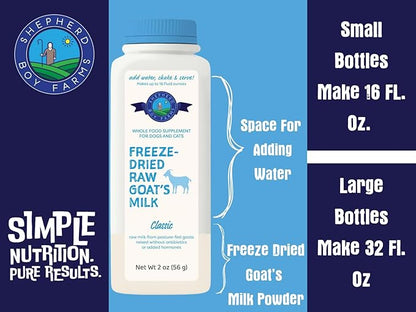 Shepherd Boy Farms Freeze Dried Raw Goats Milk with Probiotics for Dogs & Cats (Classic), High Protein Digestible Goat Milk for Sensitive Stomachs, Food Topper, Dog Camping Essentials - Makes 16 FL OZ
