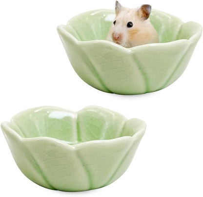 BNOSDM 2 Pcs Hamster Ceramic Food Bowl Flower Series Gerbil Drinking Bowls Anti-Turning Food & Water Dish for Dwarf Syrian Hamsters Gerbil Chinchilla（Green, Rose Pattern）