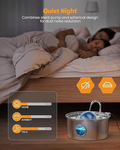 AONBOY Cat Water Fountain with 16 Filters, 108oz/3.2L Cat Fountain Stainless Steel, Includes 8 Carbon Filters and 8 Sponge Filters, Faucet Shape Dog Water Fountain, Double Noise Reduction Design