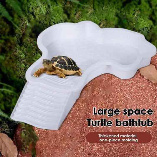 Extra Large Reptile Bathing Pool Reptile Feeding Dish Water Bowl with Ramp Aquarium Ornament for Gecko, Snake, Turtle, Bearded Dragon, Lizard (White)