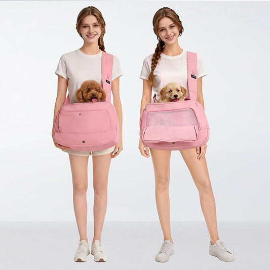 Pet Sling Carrier for Small to Medium Dogs and Cats, Fits 10–20lbs, Adjustable Soft Padded Shoulder Strap Dog Sling Carrier with Storage Pocket for Hands-Free Outdoor Travel & Hiking Pink