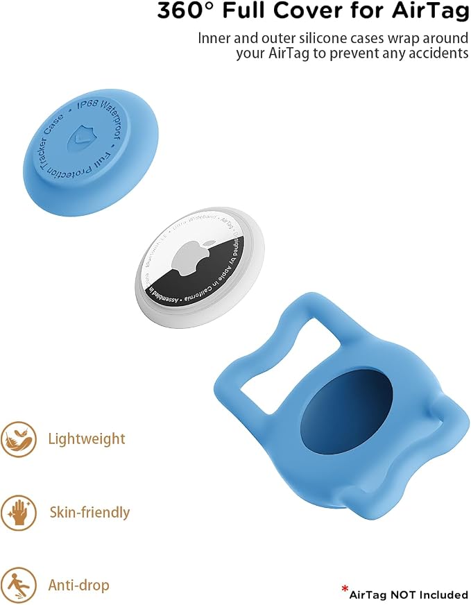IP68 Waterproof Dog AirTag Holder for Dog Collar, Soft, Stretchy Silicone | Full-Body Protection, Easy Tool-Free Installation, Quiet, No-Dangle Fit, Lightweight, Fits Dog & Cat Collars of All Widths
