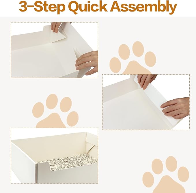 8 Pack White Disposable Litter Boxes for Cats, 14.8 Inch Foldable Paper Kitty Tray with Scoop, Waterproof Cardboard Travel Litter Box for Cats Small Pets - Low Entry