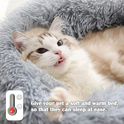 Calming Dog Cat Donut Bed - 23.6" Washable Fluffy Dog Beds, Round Cute Cat Beds for Indoor Cats, Anti Anxiety Plush Cuddler Dog Pillow, Pet Cushion for Small Medium Dogs, Waterproof Non-Slip Bottom