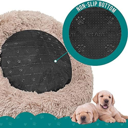 PetAmi Calming Donut Dog Bed, Washable Faux Fur, 30 Inch Medium, Taupe