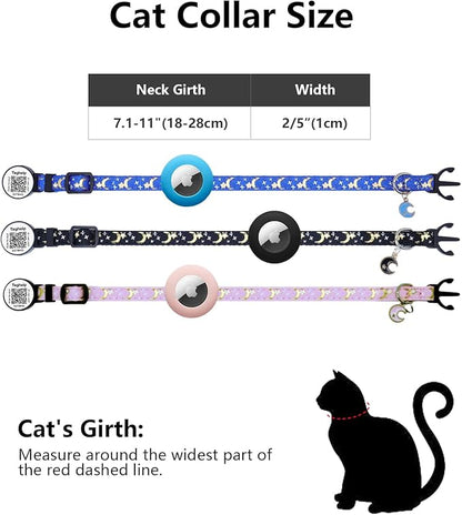 2PCS Breakaway Cat Collars with Bell Cute Star &Moon Safe Kitten Collars with Pendant Glow in The Dark,Airtag Holder Cat Collar with Smart ID tag & QR Code Reflective for GPS Boy Girl Cats (Black)