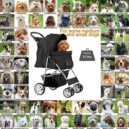 4-Wheel Pet Stroller for Small Dogs and Cats, Up to 33 lb, Black