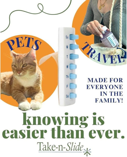 TAKE-N-SLIDE Peel and Stick Reusable for 12 + Refills, Pill/Medication/Vitamin/Pet Med Tracker & Reminder, Attach to Your Bottle, Organizer-Free, Curved‑Back, White & Blue (2-Pack, 1 Each)