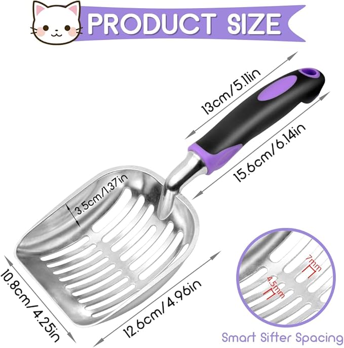 Showvigor Cat Litter Scoop, Metal Cat Scooper, Rubber Handle Scoop, Sifting Shovel – Heavy Duty Aluminum Alloy Litter Box Scoop with Deep Mesh, Design for Easy Waste Removal and Cleaning(Purple)