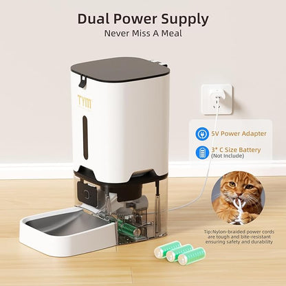 TYM Automatic Cat Feeder, 7L WiFi Cat Food Dispenser with Smart APP Control, Timed Auto Dog Feeder for Small Pets, Programmable Timer, Dual Power Supply, Detachable for Easy Cleaning